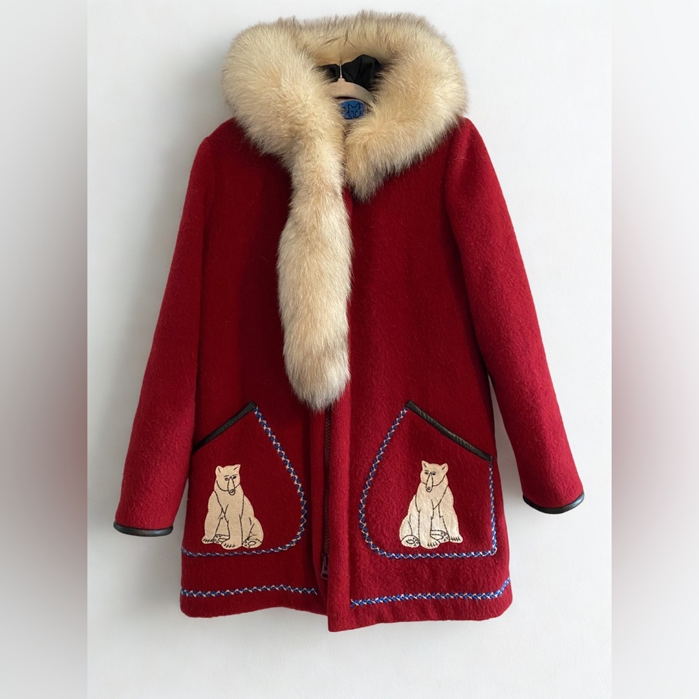 Rare Vintage James Bay Wool Fox Fur Hooded Parka Jacket Red Size M/L